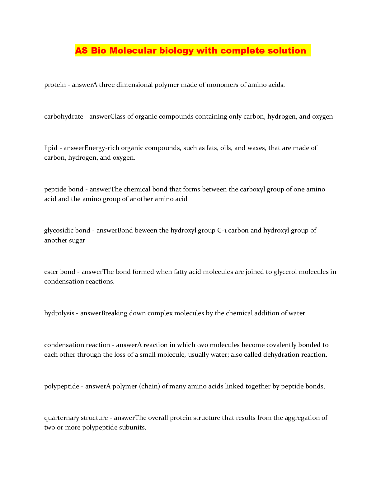 Preview image of AS Bio Molecular biology with complete solution document
